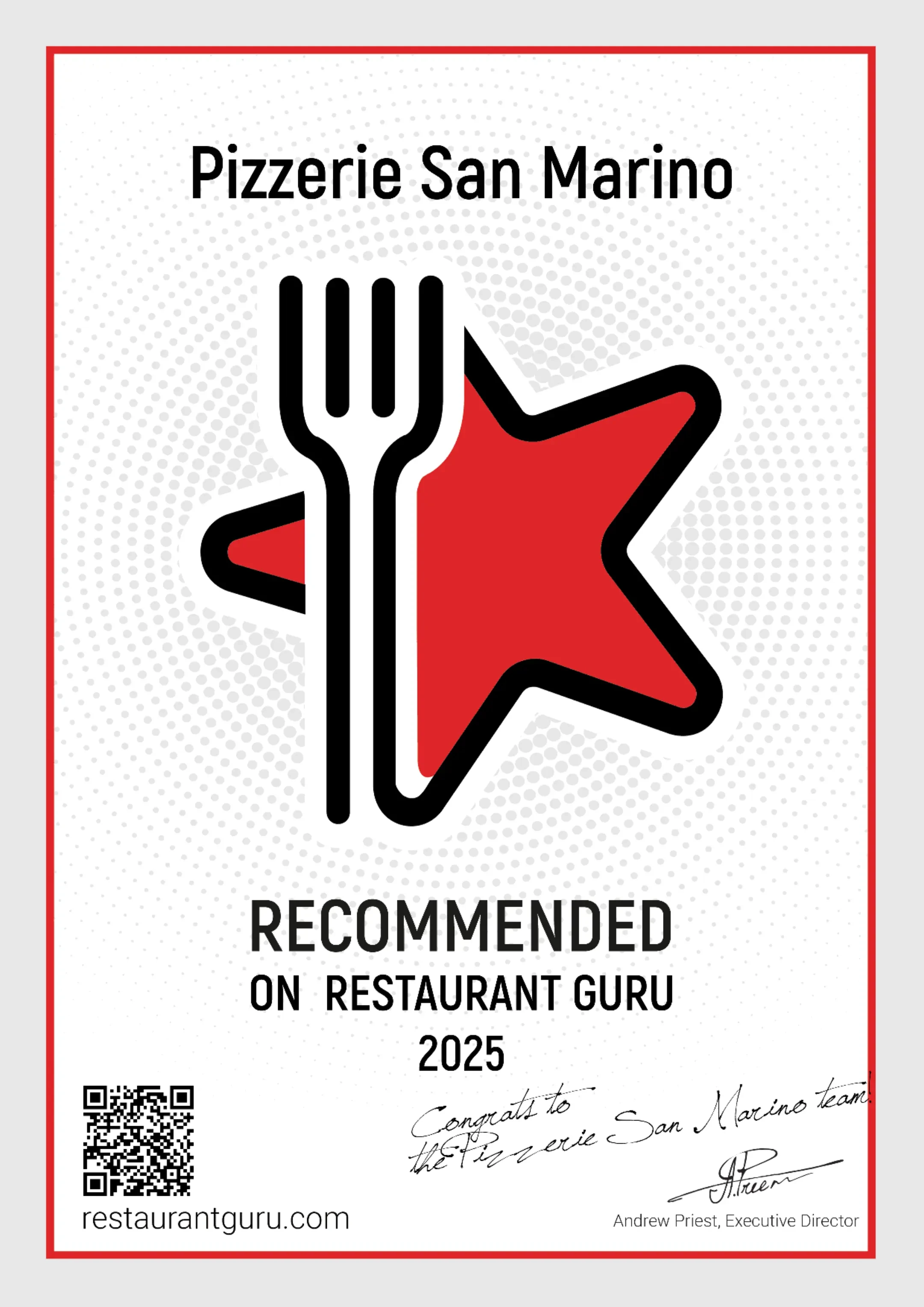 Certifikát od Restaurant Guru pro rok 2025